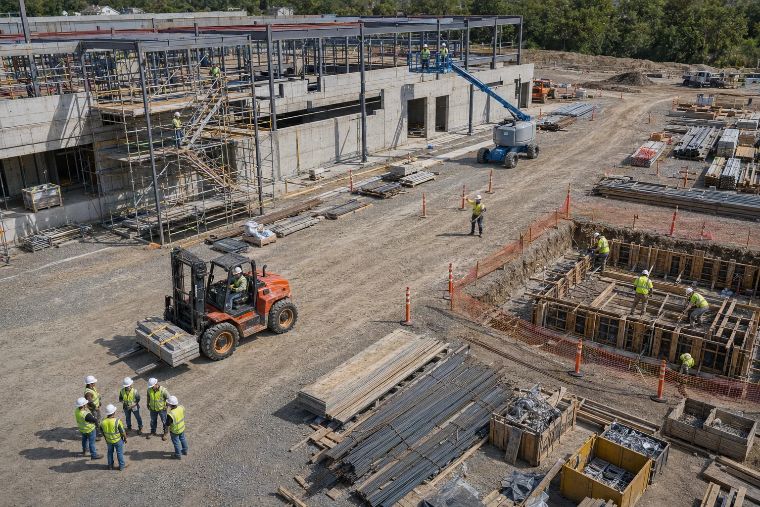 Overview of a complex construction site with crews, equipment and multiple work activities