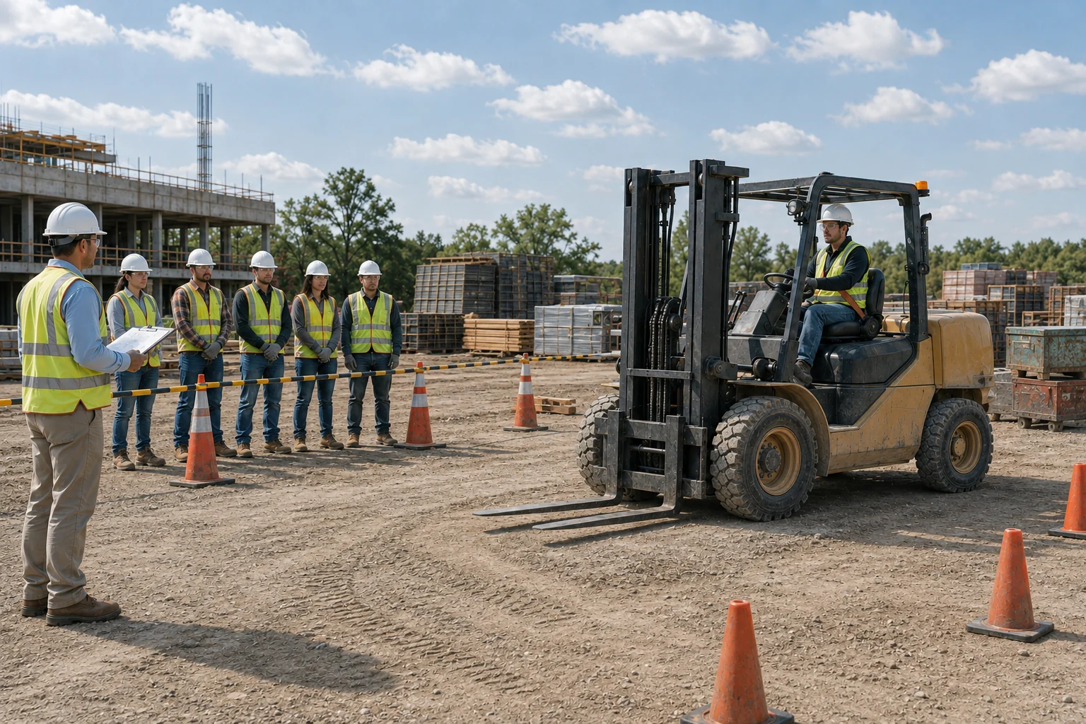 Instructor leading practical forklift operator training on a construction site